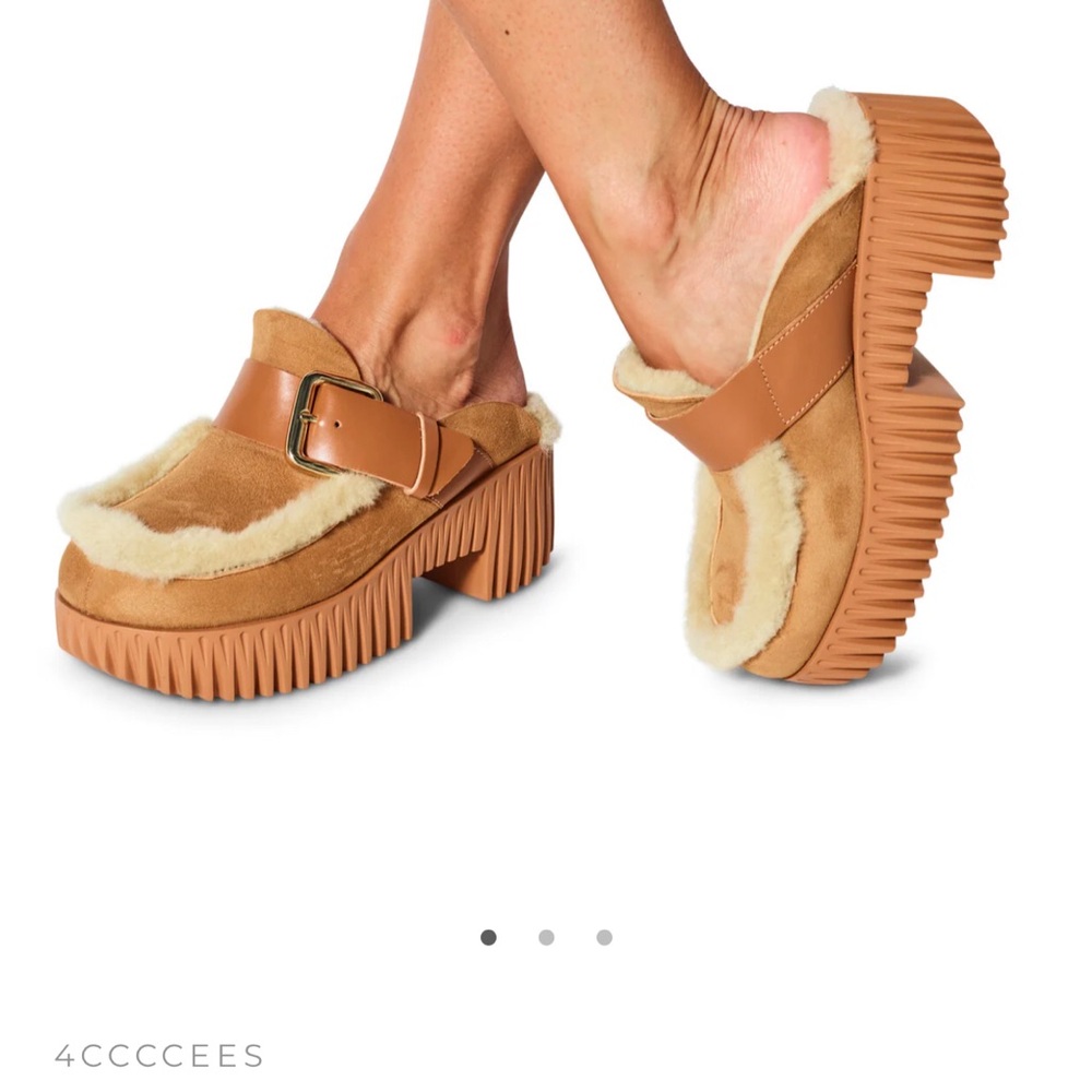 Chunky Tan Shearling-Trim Mule with Buckle Strap. Store Sample Light wear